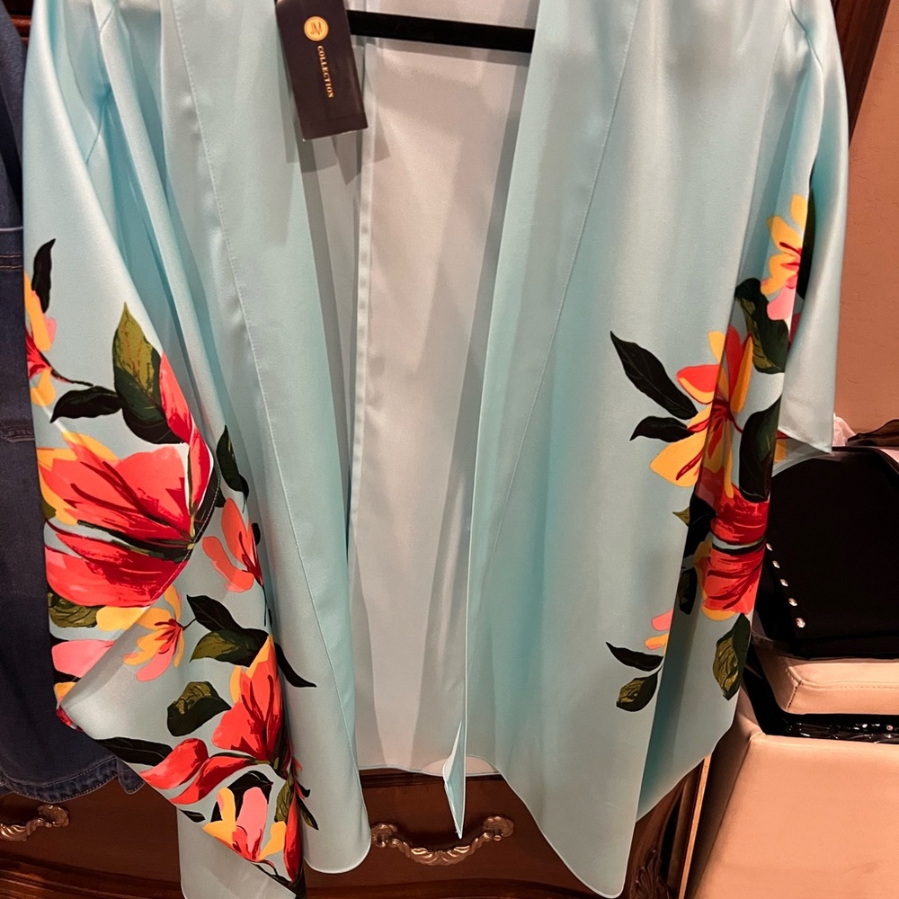 JM Collection Light Blue Kimono with Floral Accents BNT
